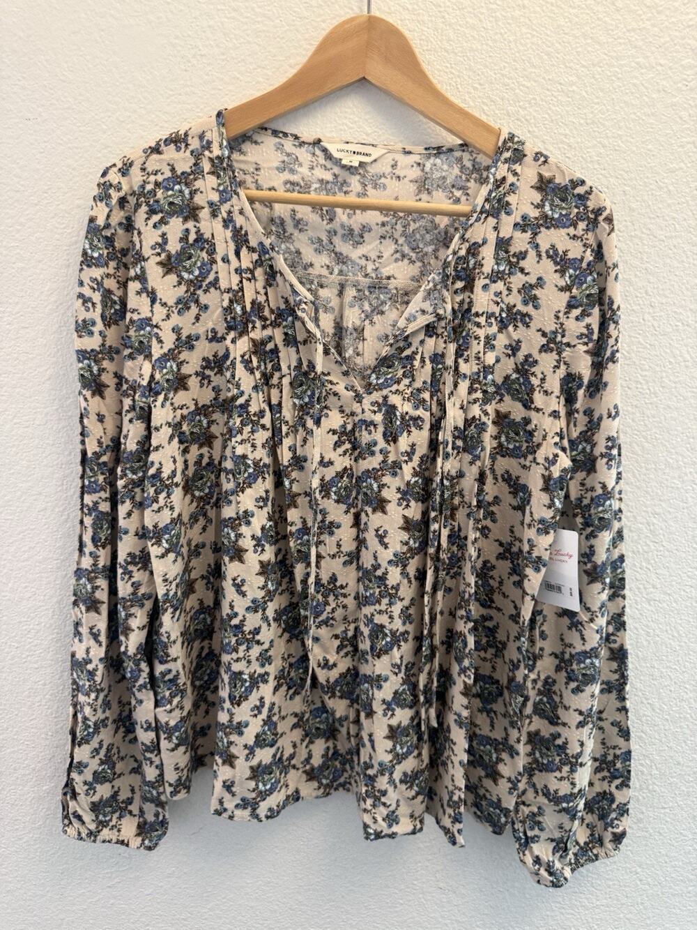 Lucky Brand Top Womens Medium Pintuck Floral Peasant Top